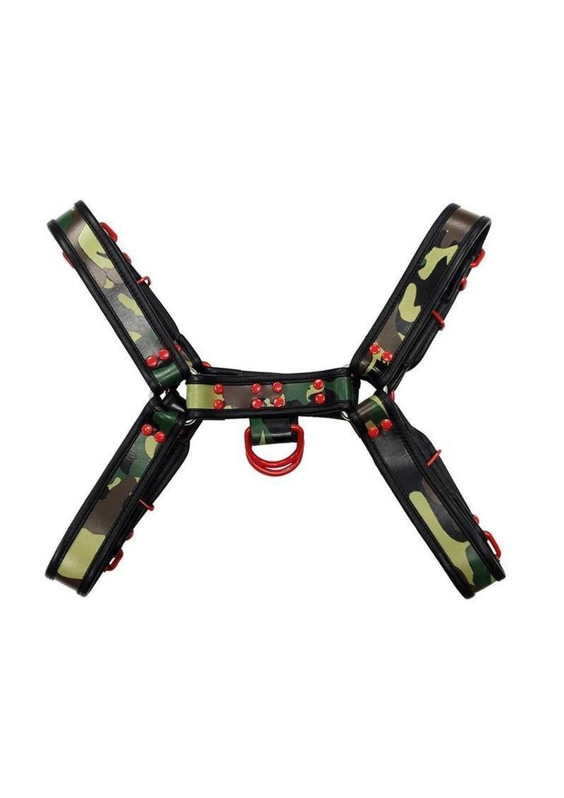 Rouge Camo Leather Body Harness with Red Hardware Adjustable Fit